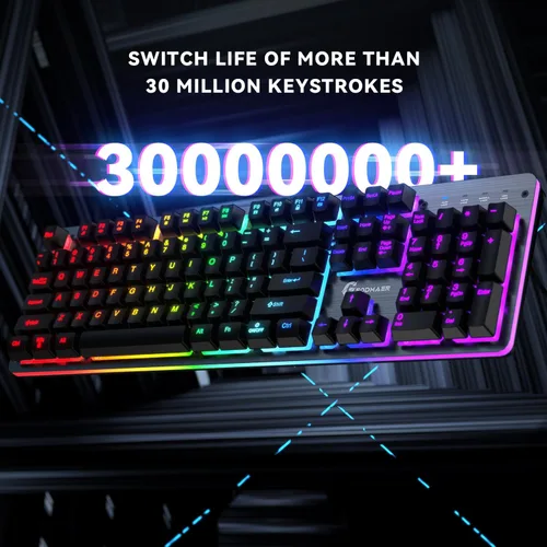 Vista 4 de Teclado para juegos con cable retroiluminado RGB, 104 teclas, iluminación RGB de 8 zonas, cubierta superior de metal, teclado macro programable