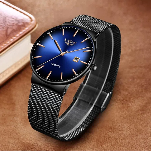 Vista 5 de LIGE Relojes para hombre, minimalistas, de moda, deportivos, impermeables, de acero inoxidable, de malla, de negocios, con fecha automática