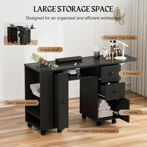 Vista 3 de Paddie Mesa de manicura con mesa extensible, mesa de escritorio de uñas para tecnología de uñas con soporte para bolsa de basura y cajón vertical