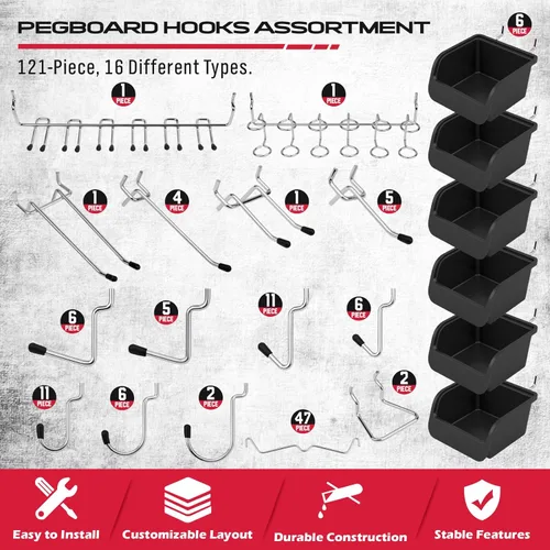 Vista 2 de Juego definitivo de 121 piezas de ganchos para tablero de clavijas, accesorios para tablero con ganchos de metal, accesorios duraderos