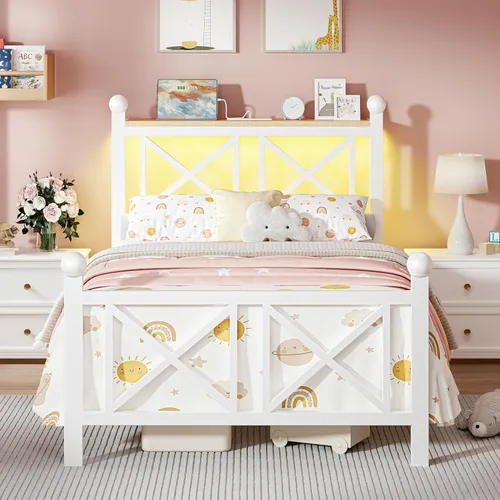 Vista 12 de DynJest Base de cama negra de tamaño individual con luces LED, cama de metal resistente con cabecera y piecero, estante de almacenamiento