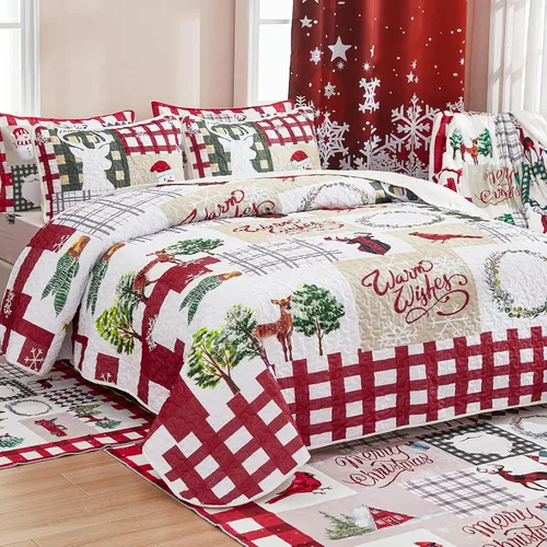 Vista 3 de Juego de edredón de Navidad, ropa de cama rústica con estampado de Papá Noel y muñeco de nieve, colcha acolchada sólida con 2 fundas de almohada