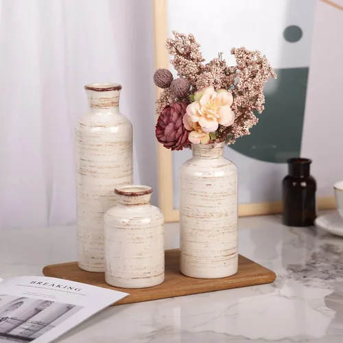 Vista 6 de Juego de jarrones de cerámica - 3 jarrones pequeños de cerámica, jarrón de flores de estilo granja para decoración del hogar, decoración de sala