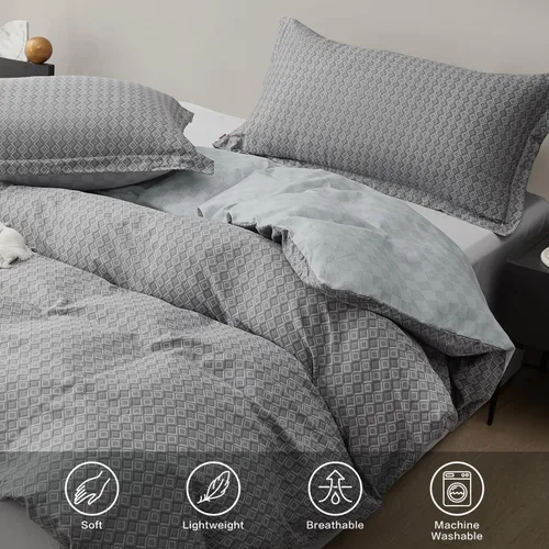 Vista 59 de SAPHREAS Juego de funda de edredón de algodón, tamaño King, a cuadros color gris oscuro y gris, geométrico, 3 piezas, 1 funda de edredón y 2 fundas