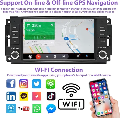 Vista 4 de 4G 64G Android 13 Estéreo de coche para Jeep Wrangler JK Radio Dodge Ram 1500 con CarPlay inalámbrico y Android Auto, pantalla táctil de 7 pulgadas