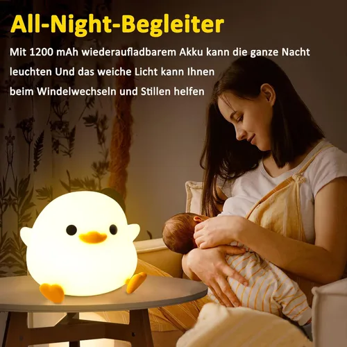 Vista 4 de OkiyiD Luz nocturna de pato, lindo regalo de pato para personas, luz decorativa de dormitorio, ABS+SIL, control táctil, regulable recargable