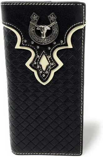 Western Tooled Cartera larga plegable de cuero genuino Longhorn Spur para hombre en 2 colores, Negro -, Billetera plegable