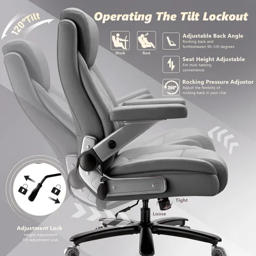 Vista 8 de Silla de oficina grande de servicio pesado de 600 libras con brazos abatibles 5D, cómoda silla de escritorio ejecutiva grande y alta con cojín