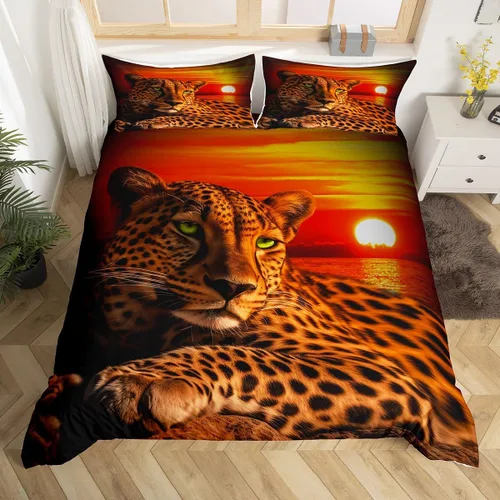 Vista 12 de Erosebridal Juego de ropa de cama de guepardo, tamaño King, con estampado de leopardo y rosas azules, funda de edredón con temática de animales