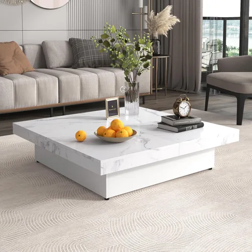 Vista 11 de Mesa de centro moderna con almacenamiento, mesa de cóctel de madera con superficie UV de alto brillo, mesas de centro rectangulares de 2 niveles