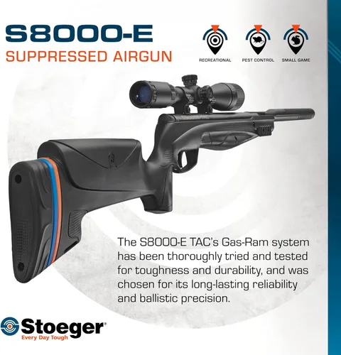 Vista 2 de Stoeger Combo de Rifle de Aire S8000-E TAC - Calibre .177 - Sintético Negro con Mira Telescópica de Objetivo Ajustable 3-9x40