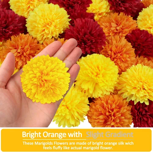 Vista 2 de 40 cabezas de flores de caléndula de 2.75 pulgadas a granel, flores artificiales de caléndula de seda para Diwali, decoración del hogar, guirnalda