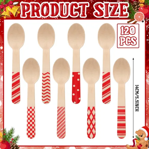 Vista 2 de Uiifan 120 cucharas de madera desechables de Navidad de 5.5 pulgadas, cucharas a rayas con rayas rojas, patrones de bastón de caramelo para degustar