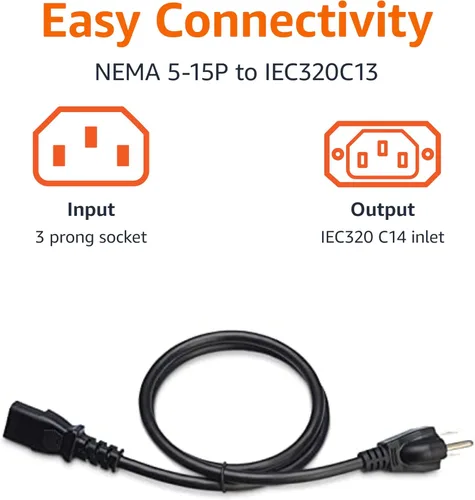 Vista 3 de Amazon Basics Cable de alimentación para PC, 3 pies, Cable de alimentación CA para monitor, computadora, TV, 3 clavijas, 18 AWG, 125 voltios, negro