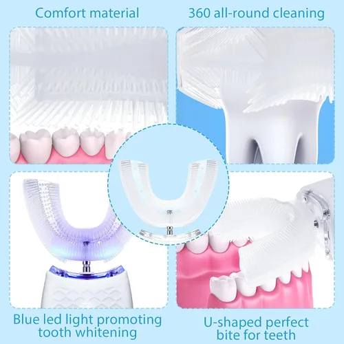Vista 3 de Cunhill 2 cepillos de dientes eléctricos ultrasónicos para adultos, en forma de U, blanqueamiento de boca entera, cepillo de dientes automático