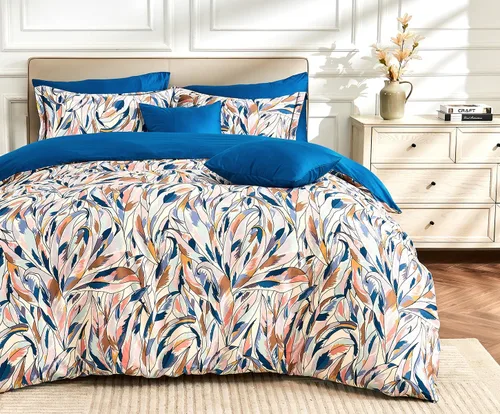 Vista 10 de SLEEPBELLA - Funda de edredón tamaño King, 600 hilos de algodón beige y gris azulado con patrón de hojas lujoso impreso, funda de edredón reversible