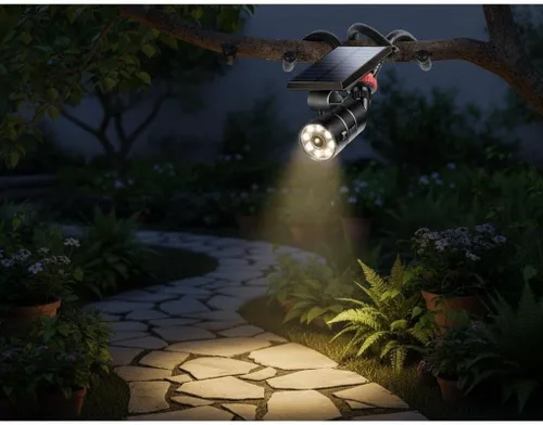 Vista 8 de Luz solar de movimiento para exteriores, impermeable, focos solares de seguridad con trípode flexible, reflectores de aluminio para campamento