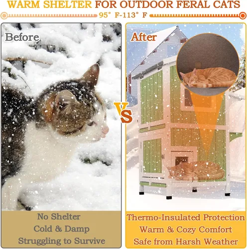 Vista 4 de PetsCosset Casa Aislada para Gatos de Exterior Resistente a la Intemperie con Aislamiento Integral de Dos Pisos de Madera Refugio para Gatos Ferales