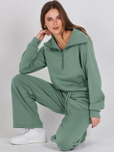 Vista 7 de Prinbara Conjunto deportivo de 2 piezas para mujer, para otoño, de gran tamaño, con media cremallera, sudadera de pierna ancha, conjunto de ropa