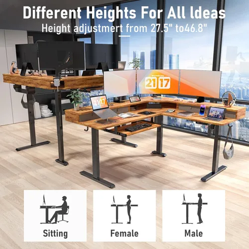 Vista 4 de 63 x 55 inch L-Shaped Electric Standing Desk with Drawers, Adjustable Height Corner Desk, Large Sit Stand Workstation with Storage, Home Office