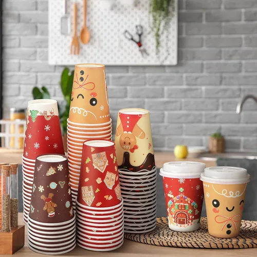 Vista 6 de Gerrii - Juego de 100 vasos de papel de Navidad de 12 onzas con tapas, acogedor invierno