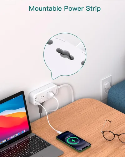 Vista 6 de Cable de extensión de 10 pies con múltiples tomas, Addtam regleta de alimentación de enchufe plano protector de sobretensiones cable largo, extensor