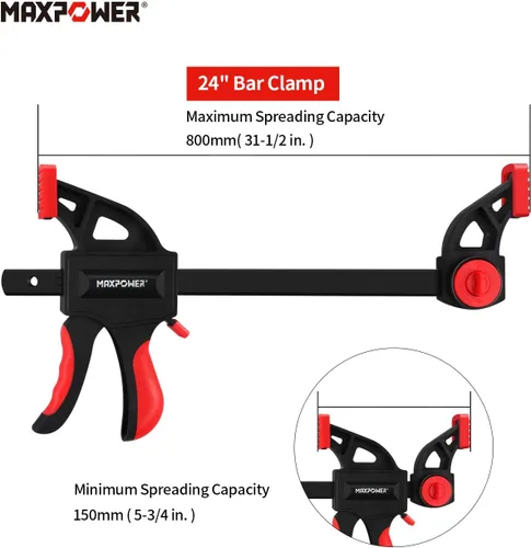 Vista 2 de MAXPOWER Abrazadera de barra de 24 pulgadas y esparcidor de 31 pulgadas para carpintería, juego de abrazaderas de madera de liberación rápida