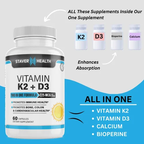 Vista 4 de Vitamina K2 D3 con calcio y bioperina, vitamina K2 (MK7) con suplemento D3 sin OMG, vitamina D3, vitamina K2 MK-7 fácil de tragar vitamina D