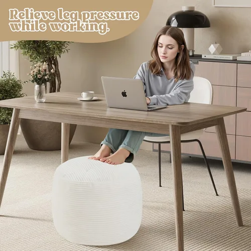 Vista 6 de MeMoreCool Puf otomano redondo, reposapiés de pana beige con relleno de espuma, taburete compacto para sofá, decoración de sala de estar