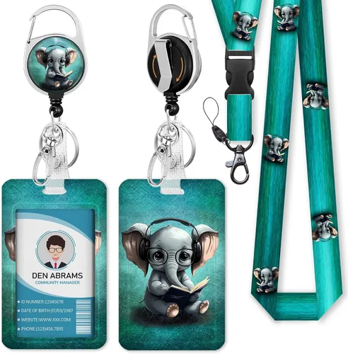 Cordones Piefly para insignias de identificación, lindo soporte de insignia con elefante con carrete retráctil resistente con clip de cinturón,