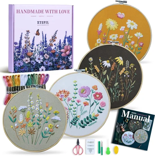 ETSPIL Kit de bordado para adultos y adolescentes, paquete de 4 muestrarios florales, 2 aros ajustables, tela preimpresa, 17 hilos vibrantes, 16