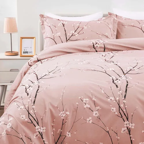 Vista 3 de WONGS BEDDING - Juego de funda de edredón floral rosa, reversible, con estampado de flores de ciruelo, funda de edredón con 2 fundas de almohada