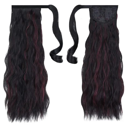 Vista 7 de Extensión de cola de caballo con clip, extensiones de colas de caballo negras, onduladas, de 18 pulgadas, 2.8 onzas, extensión de cabello sintético