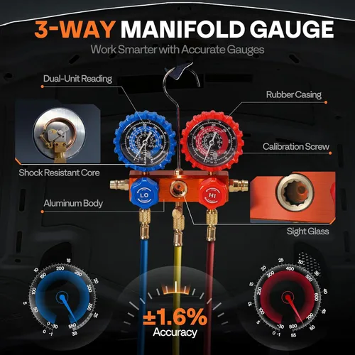 Vista 6 de VIVOHOME Serie VG - Juego de bomba de vacío de CA y medidor, bomba de vacío HVAC de 2 etapas 1/2 HP 5CFM y kit de manómetro de colector de 3 vías