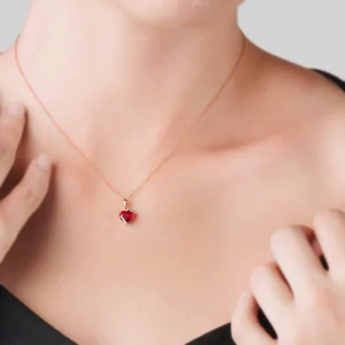Vista 7 de Galaxy Gold GG Collar de oro rosa macizo de 14 quilates con forma de corazón de rubí hecho a mano con oro macizo y piedra preciosa auténtica.