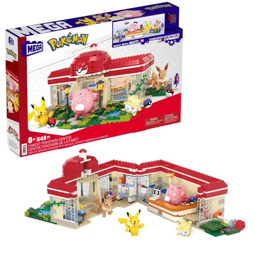MEGA - Juego de juguetes de construcción de Pokémon, centro de Pokémon del bosque con 648 piezas, 4 personajes posables, para niños