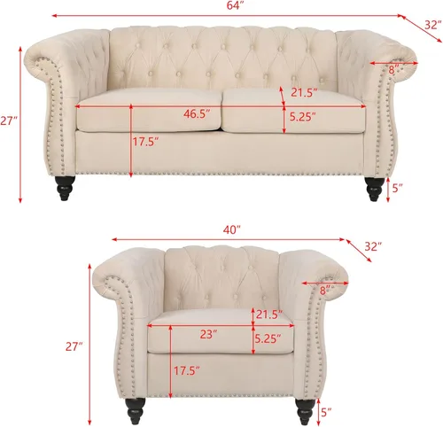 Vista 75 de RARZOE Moderno juego de sofá de 2 piezas, naranja, espuma, sofá biplaza y sofá Chesterfield