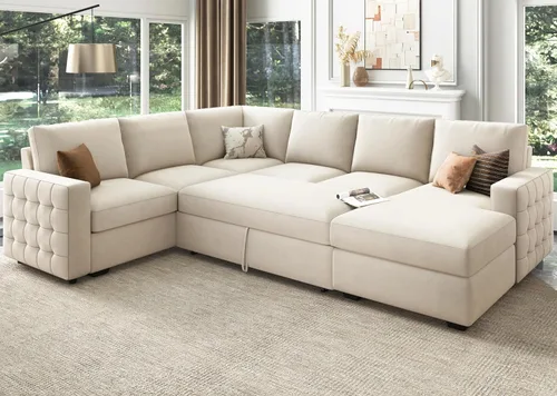 Vista 8 de HONBAY Sofá seccional con cama extraíble, sofá cama seccional con almacenamiento, sofás en forma de U para sala de estar, terciopelo beige