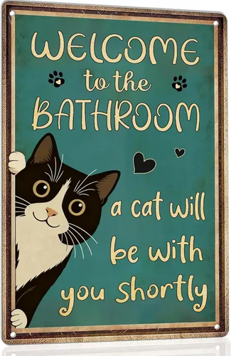Funny Cat Bathroom Decor Metal Tin Signs - Welcome to the Bathroom Cat Sign A Cat Will Be With You Shortly Sign - Vintage Black Cat Wall Art