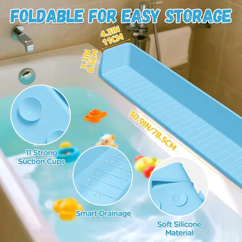 Vista 4 de Protector contra salpicaduras para bañera para niños, protector contra salpicaduras de bañera de silicona con 11 ventosas, estante de juego