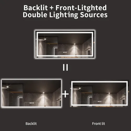 Vista 208 de LOAAO Espejo de baño LED de 28 x 36 pulgadas con luces, antiniebla, regulable, retroiluminado + iluminado frontal, espejo de tocador de baño