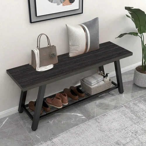 Vista 10 de Oastreeful Banco de almacenamiento industrial rústico de madera y metal para zapatos y botas, estante de entrada, banco largo para pasillo, Marrón