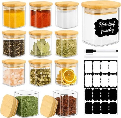 Vista 16 de TBWIND Paquete de 12 tarros redondos de vidrio para especias de 10 onzas con tapas y cucharas, juego de recipientes herméticos para especias