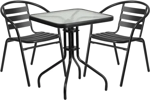 Flash Furniture Lila - Mesa cuadrada de metal de vidrio de 23.5 pulgadas con 2 sillas apilables de aluminio de metal negro