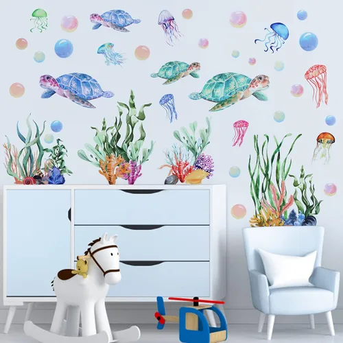 Kalolary Calcomanías 3D de pared de arrecife de coral bajo el mar, tortugas marinas, algas marinas, hierba oceánica, burbujas, decoración para