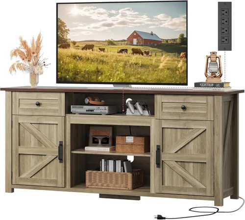 Vista 12 de WLIVE Soporte de TV para TV de 65, 70, 75 pulgadas, moderno centro de entretenimiento de granja con toma de corriente integrada, consola de TV