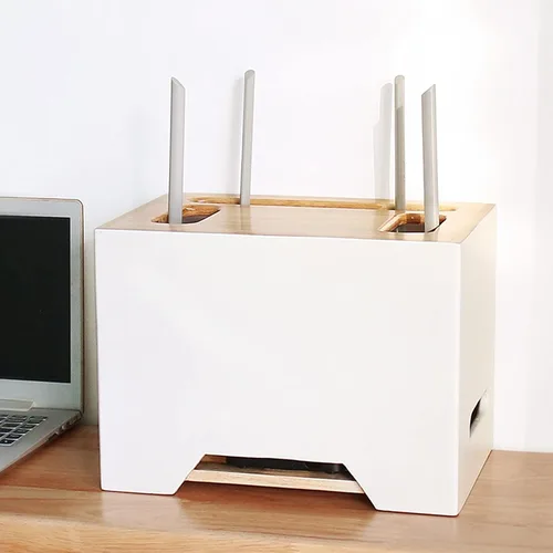 Vista 7 de Cable Organizer Box Double-Layer Wooden Router Storage Box Home Office Handmade Cable Tidy Box with Removable Partitions Desktop Tidy Power Strip
