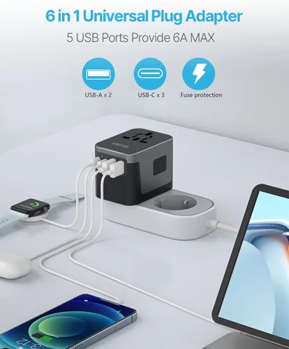 Vista 4 de VINTAR - Adaptador de viaje universal, adaptador de corriente internacional con 6A, 3 USB C y 2 puertos USB, adaptador de enchufe esencial de viaje