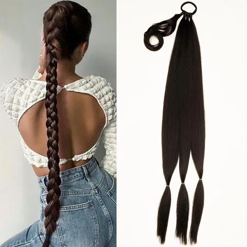 Vista 9 de Extensión de cola de caballo de trenza larga con lazo elástico, 1 unidad, extensiones de cabello sintético lacio y elegante envolvente para mujer