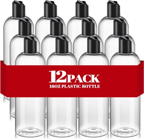 Vista 9 de 3 piezas de botellas de champú y acondicionador de viaje recargables de plástico transparente de 16 oz con tapas de disco negro, botellas vacías